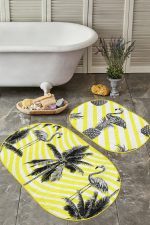 - RealHomes - Realhomes Sarı Çizgili Zemin Siyah Flamingo Tasarımlı 2'li Oval Kaymaz Tabanlı Banyo & Mutfak Paspas Takımı Realhomes