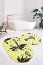 - RealHomes - Realhomes Sarı Çizgili Zemin Siyah Flamingo Tasarımlı 2'li Oval Kaymaz Tabanlı Banyo & Mutfak Paspas Takımı Realhomes