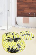- RealHomes - Realhomes Sarı Çizgili Zemin Siyah Flamingo Tasarımlı 2'li Oval Kaymaz Tabanlı Banyo & Mutfak Paspas Takımı Realhomes