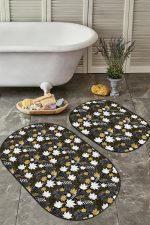 - RealHomes - Realhomes Gold Detaylı Sonbahar Yaprakları Dijital Baskılı 2'li Oval Kaymaz Tabanlı Banyo & Mutfak Paspas Takımı Realhomes