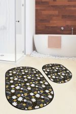 - RealHomes - Realhomes Gold Detaylı Sonbahar Yaprakları Dijital Baskılı 2'li Oval Kaymaz Tabanlı Banyo & Mutfak Paspas Takımı Realhomes