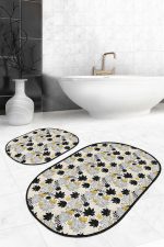 - RealHomes - Realhomes  Gold Detaylı Sonbahar Yaprakları Özel Tasarımlı 2'li Oval Kaymaz Tabanlı Banyo & Mutfak Paspas Takımı Realhomes