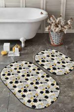 - RealHomes - Realhomes  Gold Detaylı Sonbahar Yaprakları Özel Tasarımlı 2'li Oval Kaymaz Tabanlı Banyo & Mutfak Paspas Takımı Realhomes