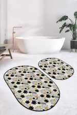 - RealHomes - Realhomes  Gold Detaylı Sonbahar Yaprakları Özel Tasarımlı 2'li Oval Kaymaz Tabanlı Banyo & Mutfak Paspas Takımı Realhomes