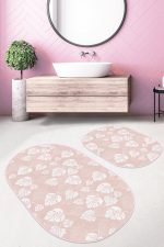 - RealHomes - Realhomes  Pudra Zemin Tropik Yapraklar Dijital Baskılı 2'li Oval Kaymaz Tabanlı Banyo & Mutfak Paspas Takımı Realhomes