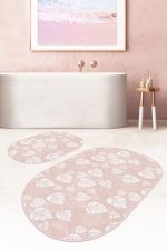 - RealHomes - Realhomes  Pudra Zemin Tropik Yapraklar Dijital Baskılı 2'li Oval Kaymaz Tabanlı Banyo & Mutfak Paspas Takımı Realhomes