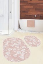- RealHomes - Realhomes  Pudra Zemin Tropik Yapraklar Dijital Baskılı 2'li Oval Kaymaz Tabanlı Banyo & Mutfak Paspas Takımı Realhomes