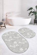 - RealHomes - Realhomes  Gri Zemin Özel Topik Yaprak Motifli 2'li Oval Kaymaz Tabanlı Banyo & Mutfak Paspas Takımı Realhomes