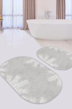 - RealHomes - Realhomes  Gri Zemin Beyaz Tropik Yaprak Motifli 2'li Oval Kaymaz Tabanlı Banyo & Mutfak Paspas Takımı Realhomes