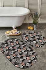 - RealHomes - Realhomes Siyah Zeminli Koyu Renkli Tropik Yaprak Motifleri 2'li Oval Kaymaz Tabanlı Banyo & Mutfak Paspas Takımı Realhomes