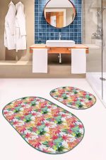 - RealHomes - Realhomes  Renkli Sonbahar Yaprakları Özel Tasarım 2'li Oval Kaymaz Tabanlı Banyo & Mutfak Paspas Takımı Realhomes