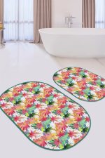 - RealHomes - Realhomes  Renkli Sonbahar Yaprakları Özel Tasarım 2'li Oval Kaymaz Tabanlı Banyo & Mutfak Paspas Takımı Realhomes