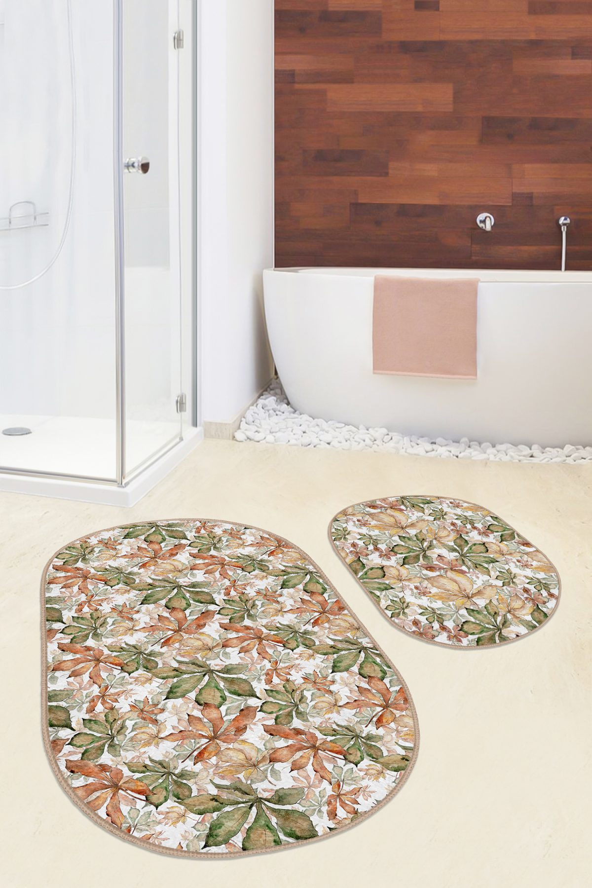 Kurumuş Kahve Yeşil Sonbahar Yaprakları Özel Tasarım 2'li Oval Kaymaz Tabanlı Banyo & Mutfak Paspas Takımı Realhomes