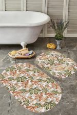 - RealHomes - Realhomes  Kurumuş Kahve Yeşil Sonbahar Yaprakları Özel Tasarım 2'li Oval Kaymaz Tabanlı Banyo & Mutfak Paspas Takımı Realhomes