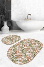 - RealHomes - Realhomes  Kurumuş Kahve Yeşil Sonbahar Yaprakları Özel Tasarım 2'li Oval Kaymaz Tabanlı Banyo & Mutfak Paspas Takımı Realhomes