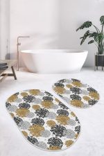 - RealHomes - Realhomes  Beyaz Zemin Çiçek Demetleri Özel Tasarımlı 2'li Oval Kaymaz Tabanlı Banyo & Mutfak Paspas Takımı Realhomes