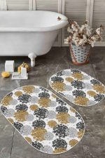 - RealHomes - Realhomes  Beyaz Zemin Çiçek Demetleri Özel Tasarımlı 2'li Oval Kaymaz Tabanlı Banyo & Mutfak Paspas Takımı Realhomes