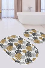 - RealHomes - Realhomes  Beyaz Zemin Çiçek Demetleri Özel Tasarımlı 2'li Oval Kaymaz Tabanlı Banyo & Mutfak Paspas Takımı Realhomes