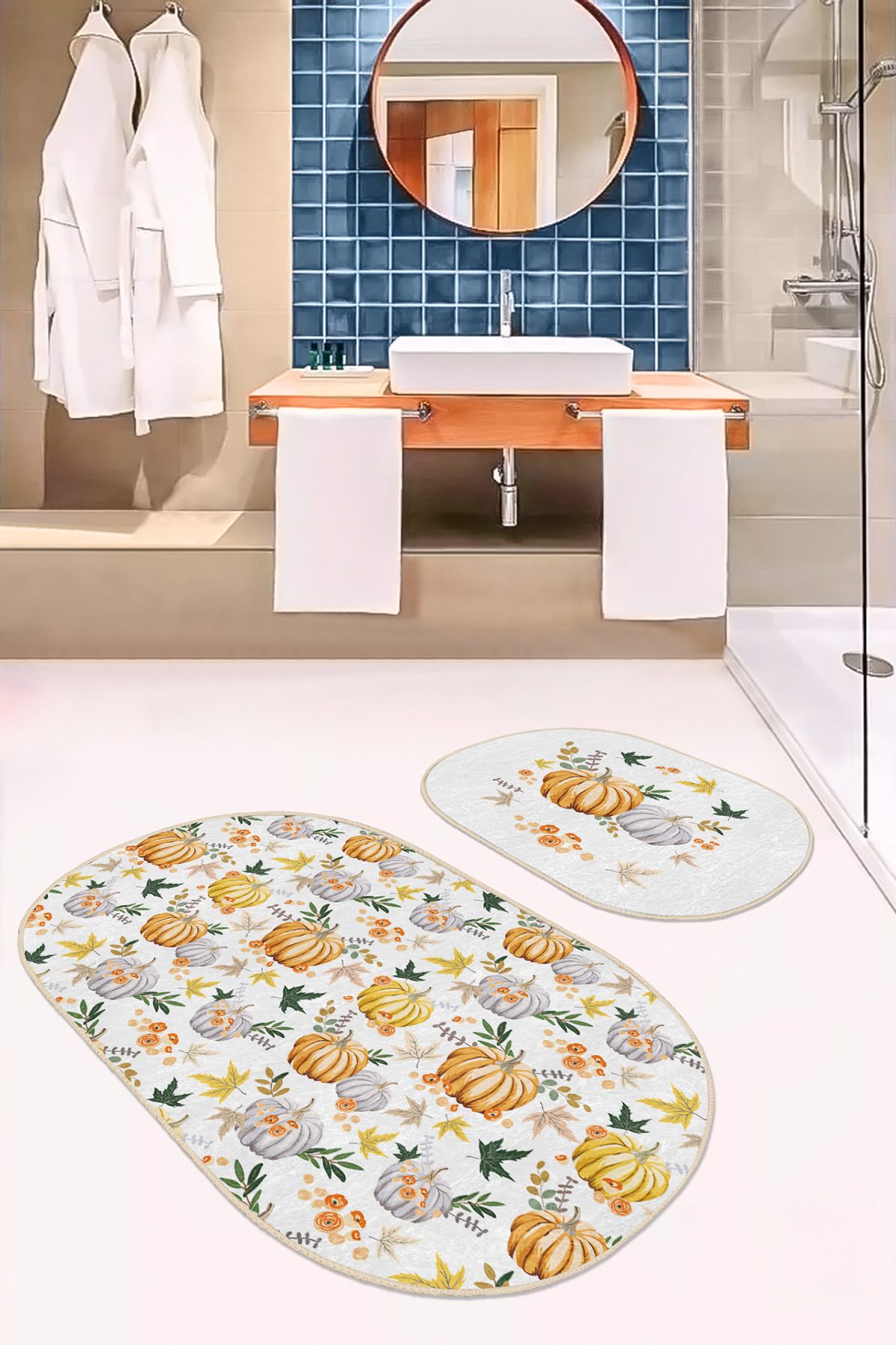 Özel Tasarımlı Kabak Motifli 2'li Oval Kaymaz Tabanlı Banyo & Mutfak Paspas Takımı Realhomes