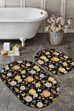 Siyah Zemin Kabak & Yaprak Motifli 2'li Oval Kaymaz Tabanlı Banyo & Mutfak Paspas Takımı Realhomes