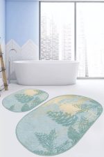 - RealHomes - Realhomes  Renkli Zemin Gold Mermer Detaylı Çam Tasarımlı 2'li Oval Kaymaz Tabanlı Banyo & Mutfak Paspas Takımı Realhomes