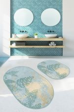 - RealHomes - Realhomes  Renkli Zemin Gold Mermer Detaylı Çam Tasarımlı 2'li Oval Kaymaz Tabanlı Banyo & Mutfak Paspas Takımı Realhomes