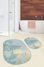 - RealHomes - Realhomes  Renkli Zemin Gold Mermer Detaylı Çam Tasarımlı 2'li Oval Kaymaz Tabanlı Banyo & Mutfak Paspas Takımı Realhomes