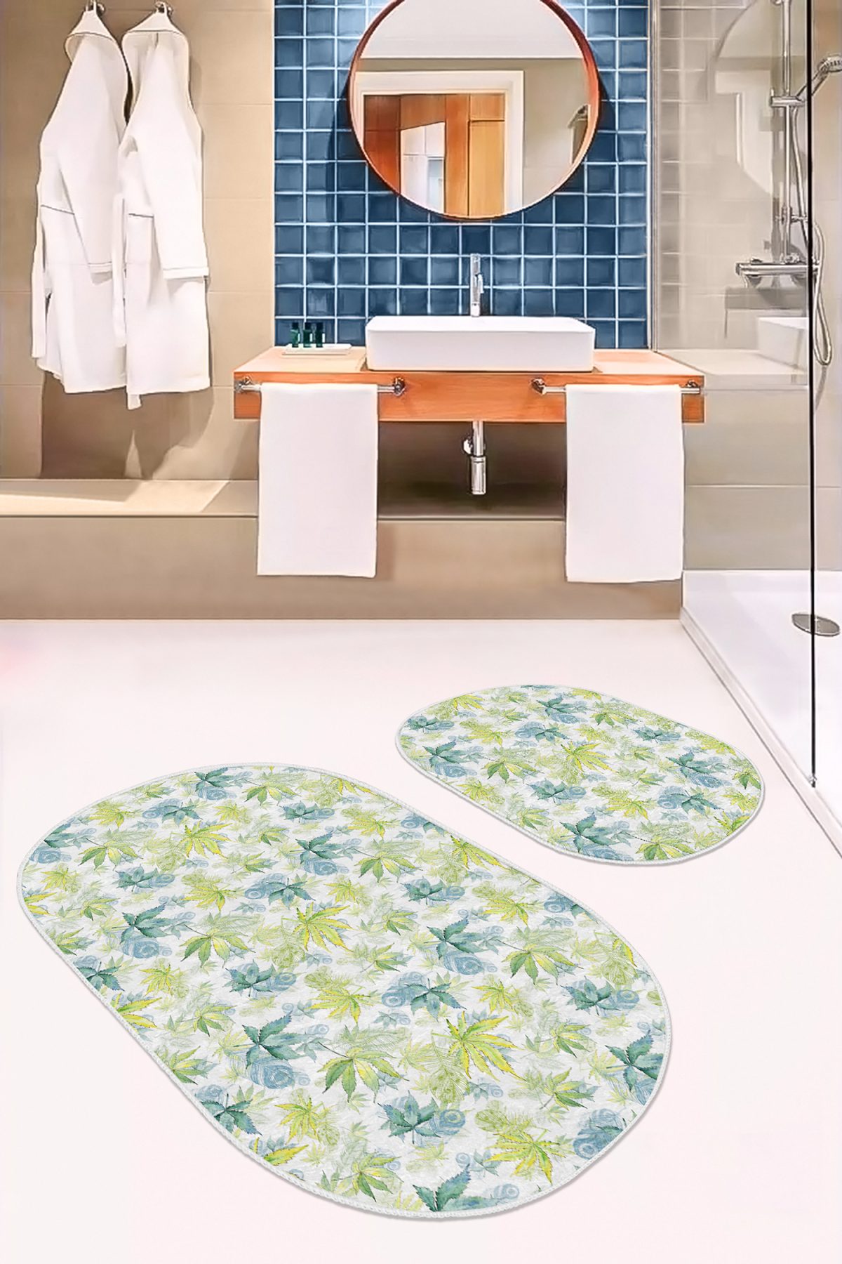 Mavi Yeşil Sonbahar Yaprakları Dijital Baskılı 2'li Oval Kaymaz Tabanlı Banyo & Mutfak Paspas Takımı Realhomes