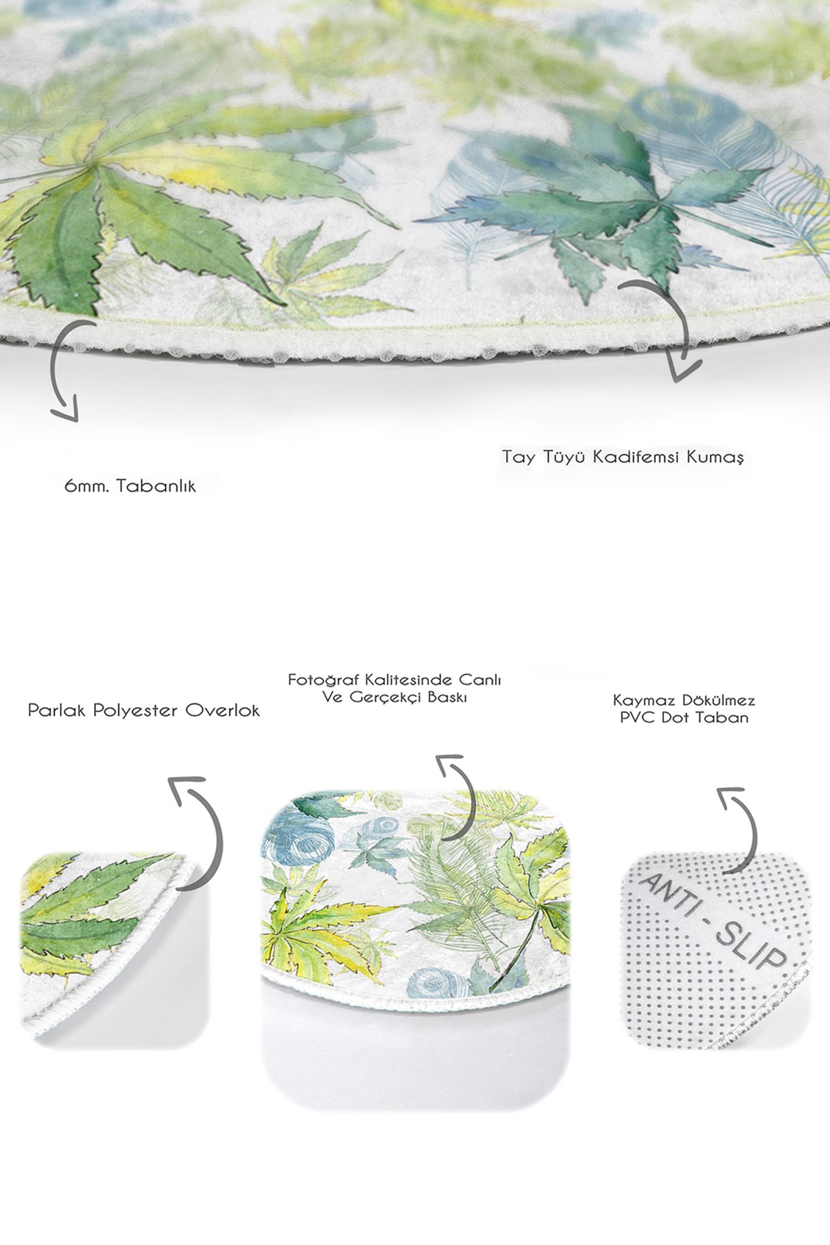 Mavi Yeşil Sonbahar Yaprakları Dijital Baskılı 2'li Oval Kaymaz Tabanlı Banyo & Mutfak Paspas Takımı Realhomes