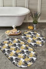 Beyaz Zemin Siyah Gold Detaylı Tropik Yapraklar 2'li Oval Kaymaz Tabanlı Banyo & Mutfak Paspas Takımı Realhomes