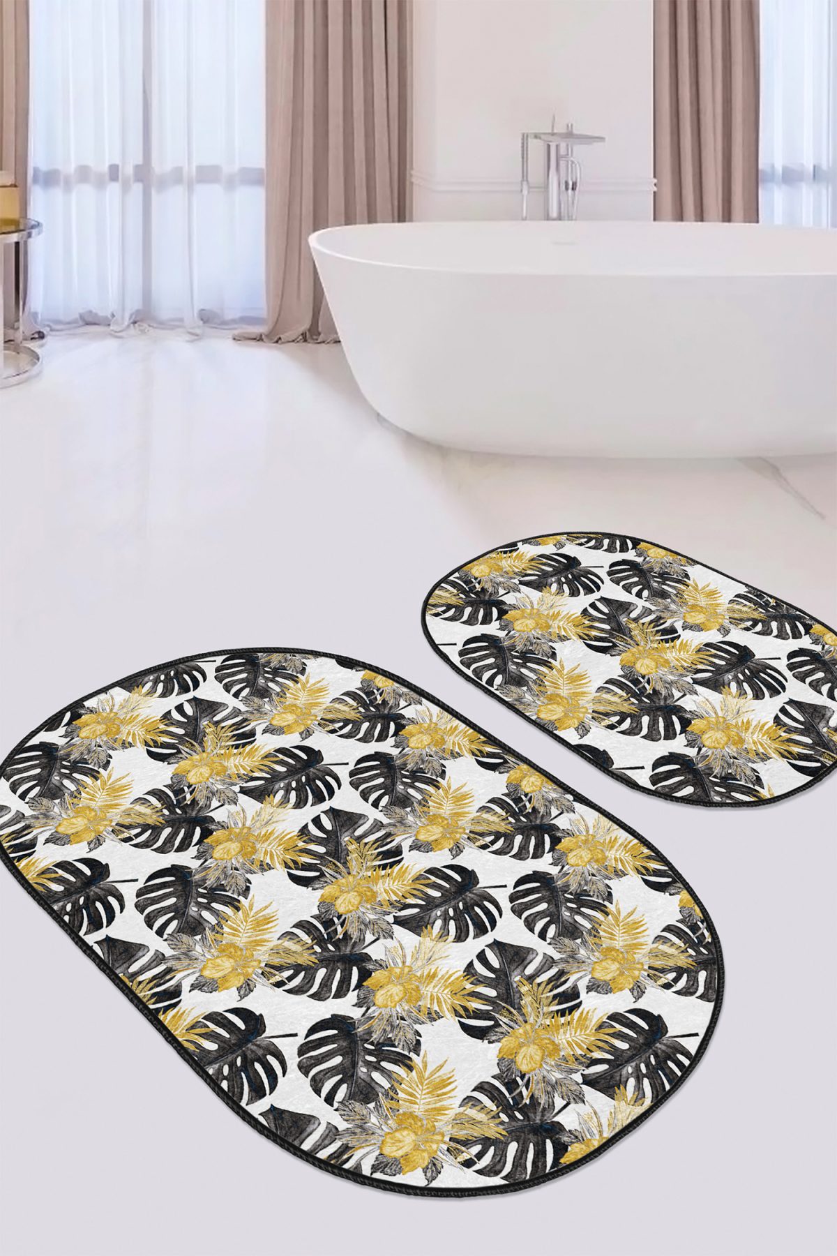 Beyaz Zemin Siyah Gold Detaylı Tropik Yapraklar 2'li Oval Kaymaz Tabanlı Banyo & Mutfak Paspas Takımı Realhomes