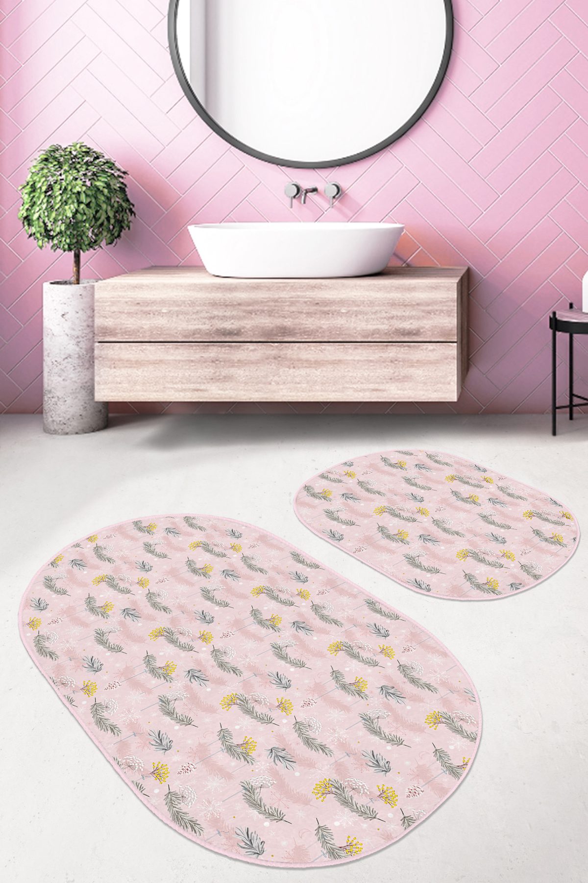 Pembe Zeminli Çam Yaprakları Özel Tasarım 2'li Oval Kaymaz Tabanlı Banyo & Mutfak Paspas Takımı Realhomes