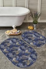 - RealHomes - Realhomes  Gold Detaylı Lacivert Tropik Yaprak Özel Tasarımlı 2'li Oval Kaymaz Tabanlı Banyo & Mutfak Paspas Takımı Realhomes