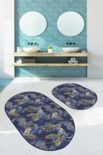 - RealHomes - Realhomes  Gold Detaylı Lacivert Tropik Yaprak Özel Tasarımlı 2'li Oval Kaymaz Tabanlı Banyo & Mutfak Paspas Takımı Realhomes