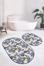 - RealHomes - Realhomes  Gold Detaylı Lacivert Tropik Yaprak Özel Tasarımlı 2'li Oval Kaymaz Tabanlı Banyo & Mutfak Paspas Takımı Realhomes