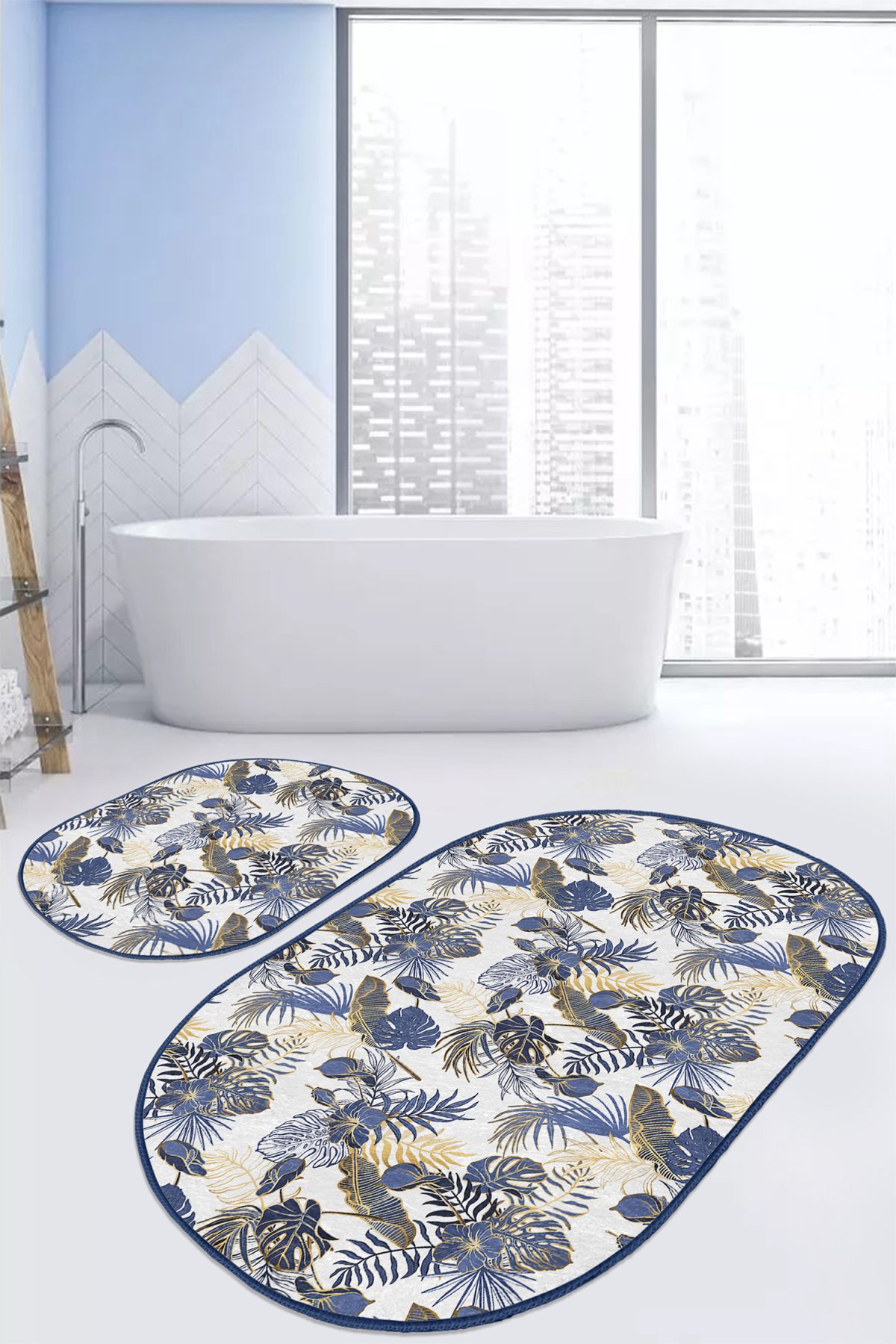 Gold Detaylı Lacivert Tropik Yaprak Özel Tasarımlı 2'li Oval Kaymaz Tabanlı Banyo & Mutfak Paspas Takımı Realhomes