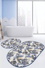 - RealHomes - Realhomes  Gold Detaylı Lacivert Tropik Yaprak Özel Tasarımlı 2'li Oval Kaymaz Tabanlı Banyo & Mutfak Paspas Takımı Realhomes