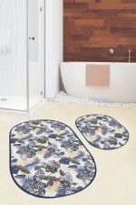 - RealHomes - Realhomes  Gold Detaylı Lacivert Tropik Yaprak Özel Tasarımlı 2'li Oval Kaymaz Tabanlı Banyo & Mutfak Paspas Takımı Realhomes