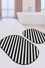 - RealHomes - Realhomes  Siyah Beyaz Çapraz Çizgi Tasarımlı 2'li Oval Kaymaz Tabanlı Banyo & Mutfak Paspas Takımı Realhomes