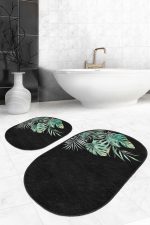 - RealHomes - Realhomes  Siyah Zemin Tropik Yaprak Tasarımlı Dijital Baskılı 2'li Oval Kaymaz Tabanlı Banyo & Mutfak Paspas Takımı Realhomes
