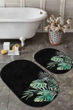 - RealHomes - Realhomes  Siyah Zemin Tropik Yaprak Tasarımlı Dijital Baskılı 2'li Oval Kaymaz Tabanlı Banyo & Mutfak Paspas Takımı Realhomes
