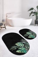 - RealHomes - Realhomes  Siyah Zemin Tropik Yaprak Tasarımlı Dijital Baskılı 2'li Oval Kaymaz Tabanlı Banyo & Mutfak Paspas Takımı Realhomes