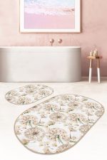 - RealHomes - Realhomes  Karahindiba Temalı Dijital Baskılı Özel Tasarım 2'li Oval Kaymaz Tabanlı Banyo & Mutfak Paspas Takımı Realhomes