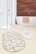 - RealHomes - Realhomes  Beyaz Zemin Karahindiba Özel Tasarım 2'li Oval Kaymaz Tabanlı Banyo & Mutfak Paspas Takımı Realhomes