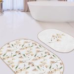 Pembe Zeminli Çam Yaprakları Özel Tasarım 2'li Oval Kaymaz Tabanlı Banyo & Mutfak Paspas Takımı Realhomes