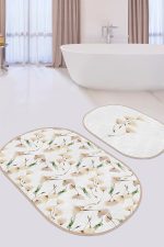 - RealHomes - Realhomes  Beyaz Zemin Karahindiba Özel Tasarım 2'li Oval Kaymaz Tabanlı Banyo & Mutfak Paspas Takımı Realhomes