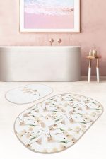 - RealHomes - Realhomes  Beyaz Zemin Karahindiba Özel Tasarım 2'li Oval Kaymaz Tabanlı Banyo & Mutfak Paspas Takımı Realhomes