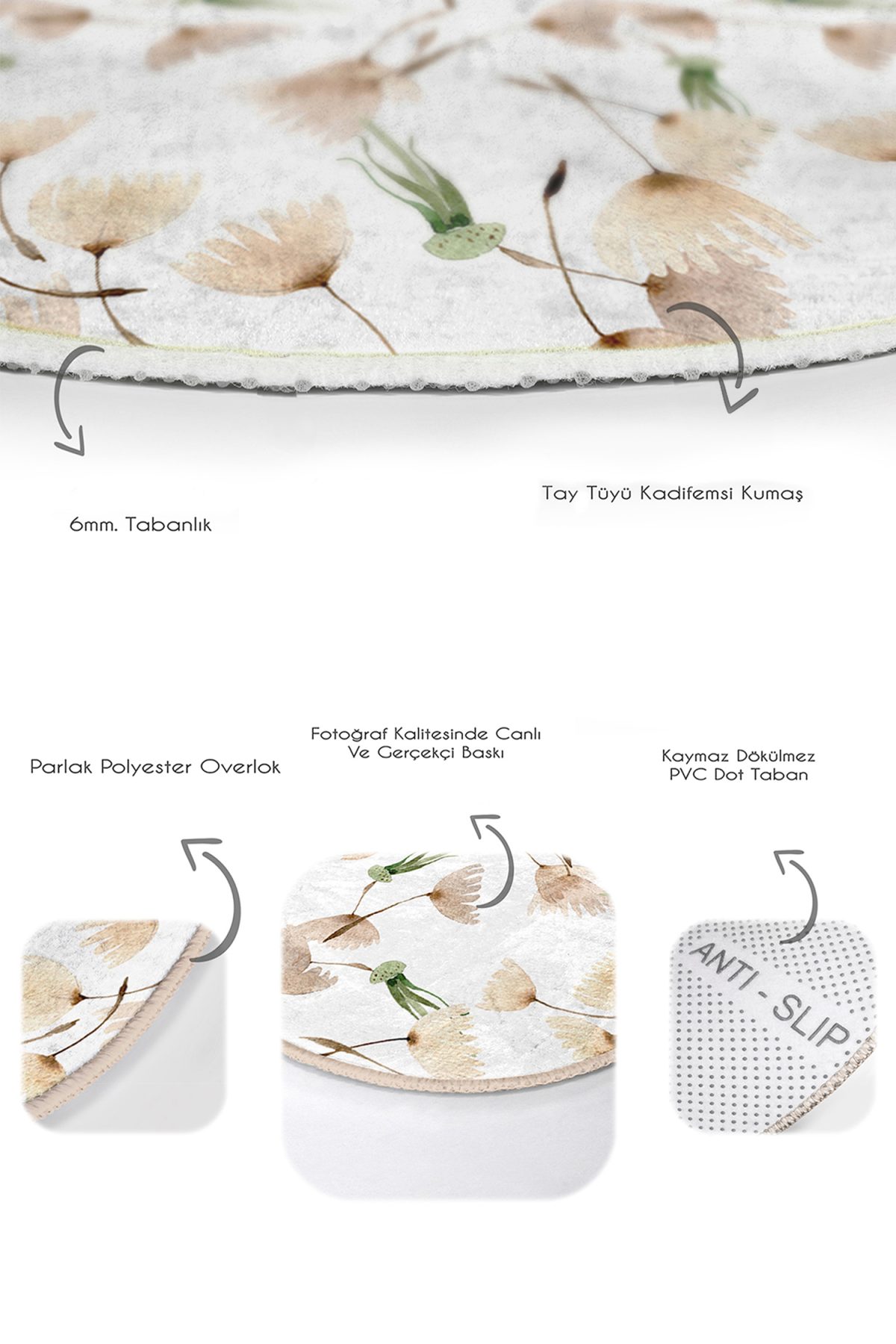 Beyaz Zemin Karahindiba Özel Tasarım 2'li Oval Kaymaz Tabanlı Banyo & Mutfak Paspas Takımı Realhomes