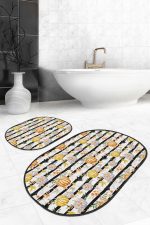 - RealHomes - Realhomes  Siyah Çizgili Zemin Kabak Tasarımlı 2'li Oval Kaymaz Tabanlı Banyo & Mutfak Paspas Takımı Realhomes