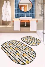 - RealHomes - Realhomes  Siyah Çizgili Zemin Kabak Tasarımlı 2'li Oval Kaymaz Tabanlı Banyo & Mutfak Paspas Takımı Realhomes